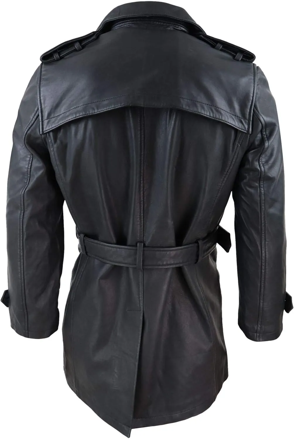 Mens Black 3/4 Trench Coat Real Leather Belted Jacket Classic Soft Napa Classic