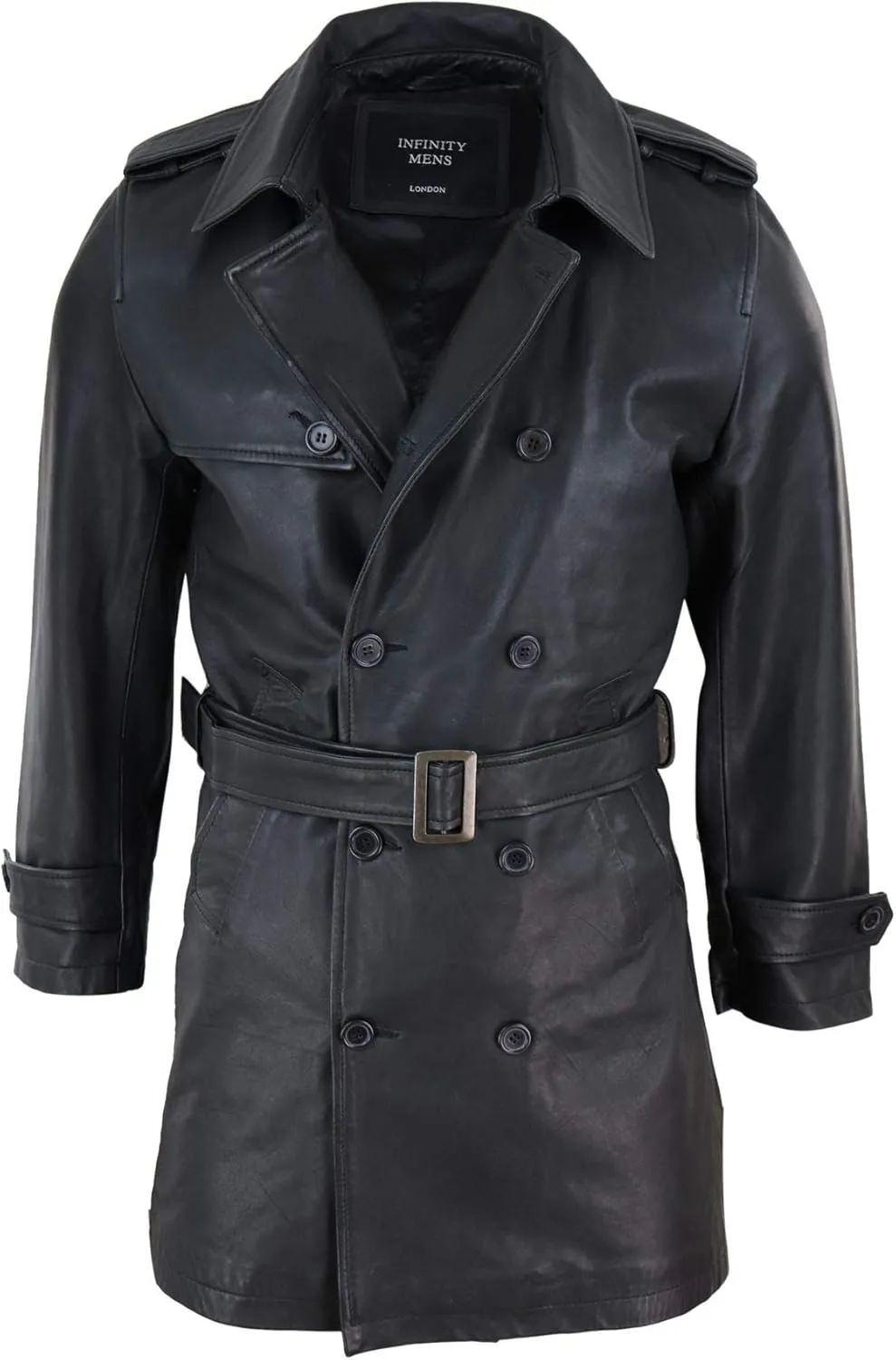 Mens Black 3/4 Trench Coat Real Leather Belted Jacket Classic Soft Napa Classic