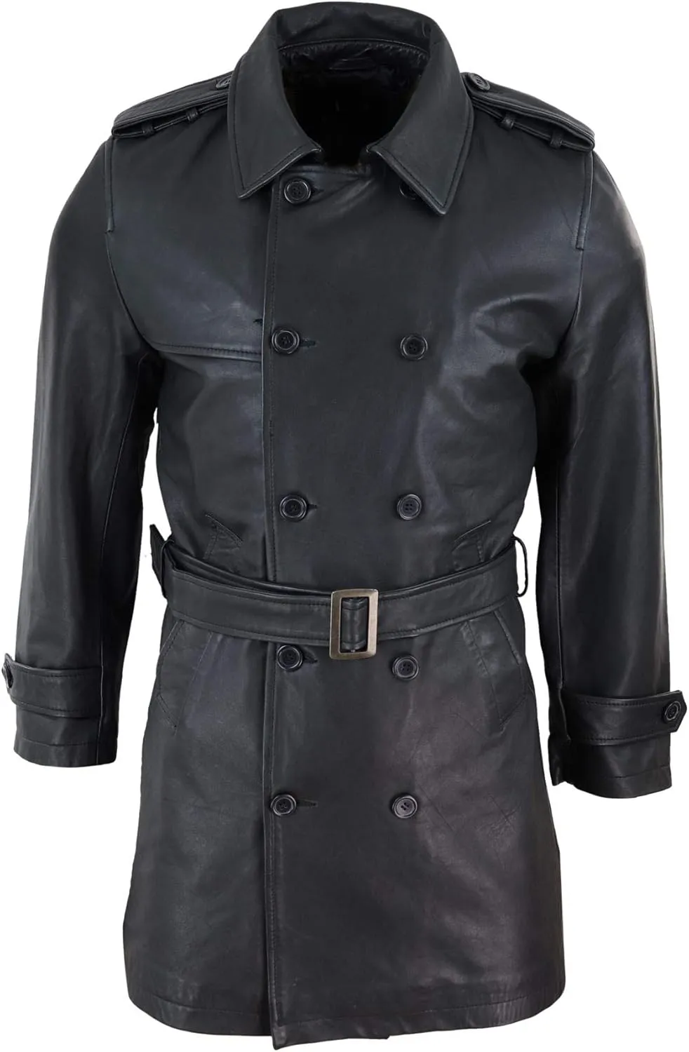 Mens Black 3/4 Trench Coat Real Leather Belted Jacket Classic Soft Napa Classic