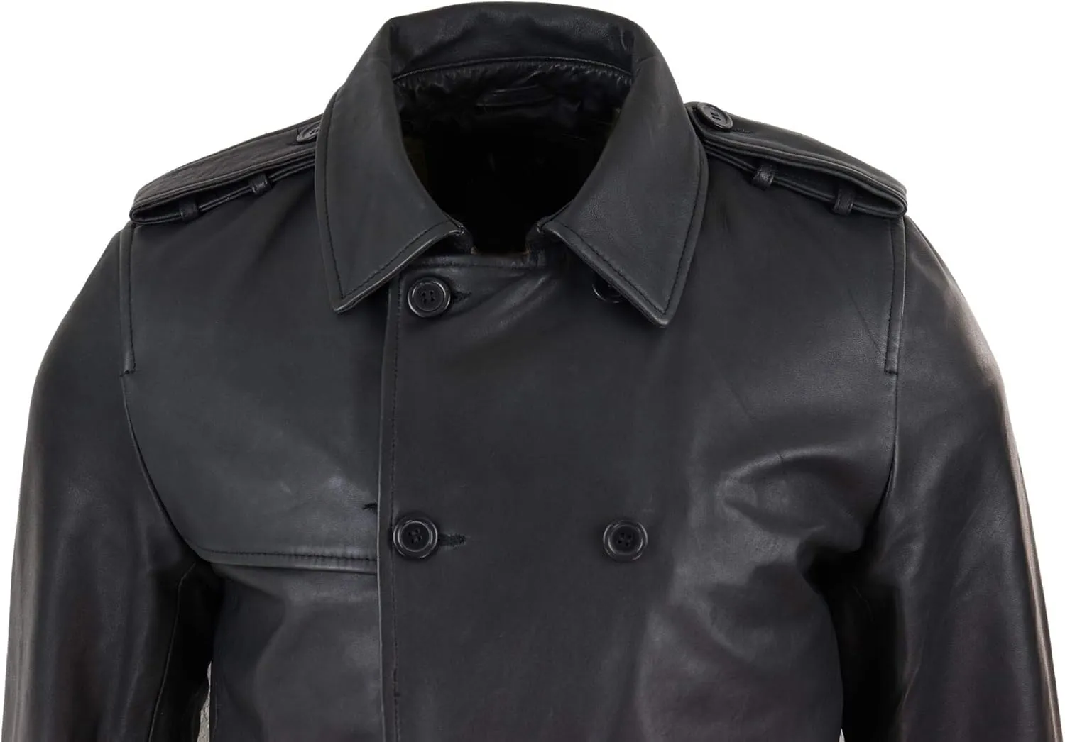 Mens Black 3/4 Trench Coat Real Leather Belted Jacket Classic Soft Napa Classic