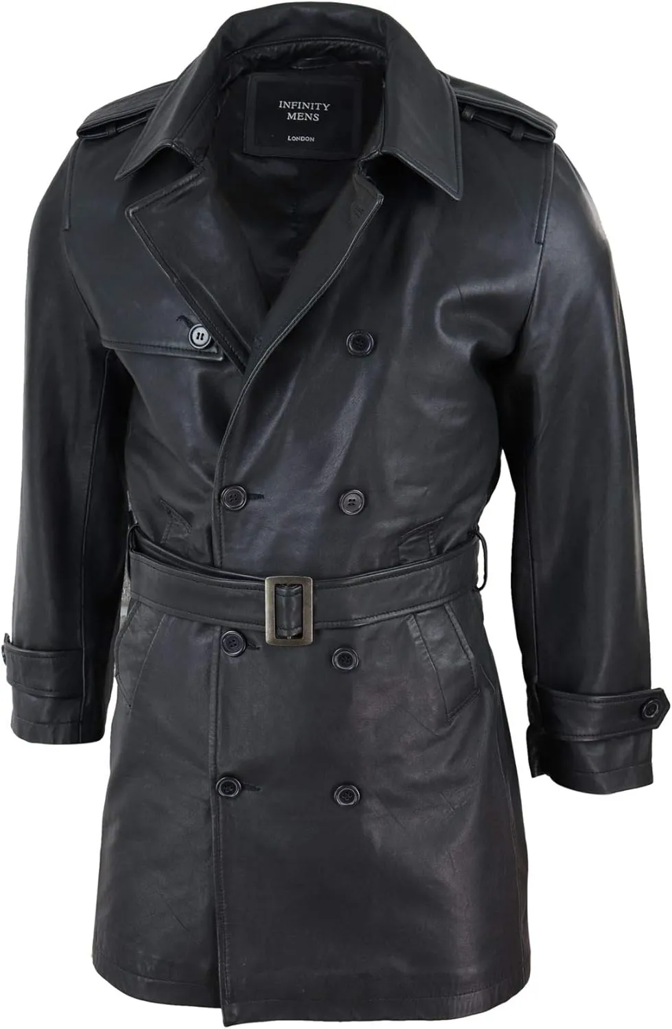 Mens Black 3/4 Trench Coat Real Leather Belted Jacket Classic Soft Napa Classic