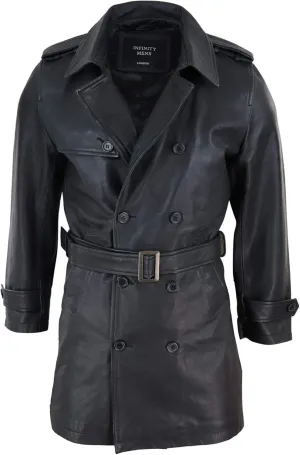 Mens Black 3/4 Trench Coat Real Leather Belted Jacket Classic Soft Napa Classic