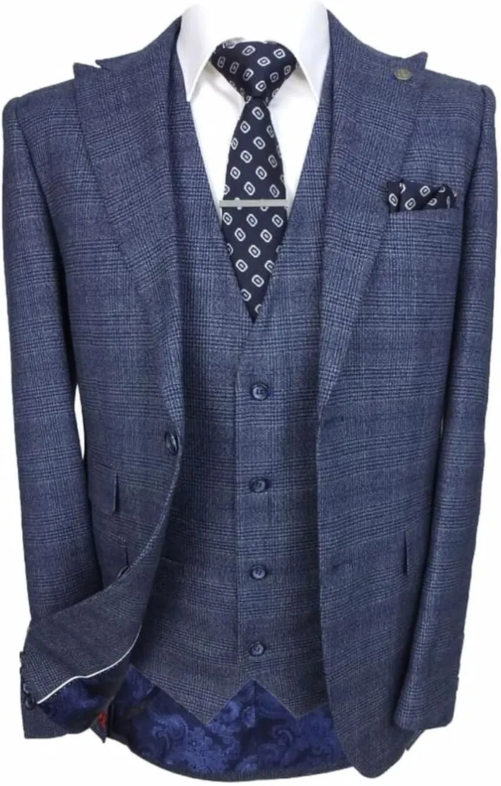 Mens Boys Retro Check Tweed Suits Tailored Fit Father and Son 3 Piece Set