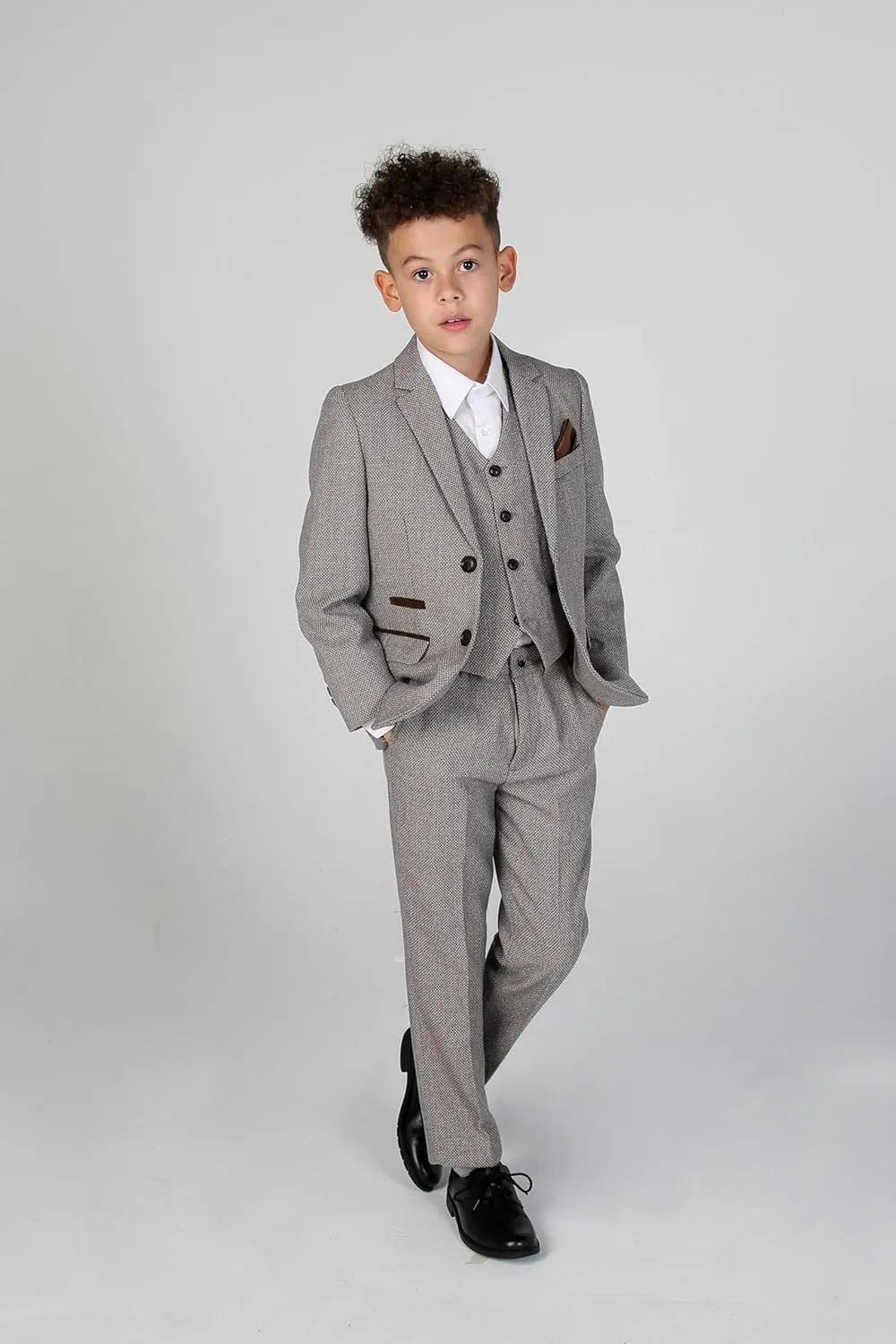 Mens Boys Tweed Textured Retro Suit Tailored Fit 3 Piece Wedding Outfit