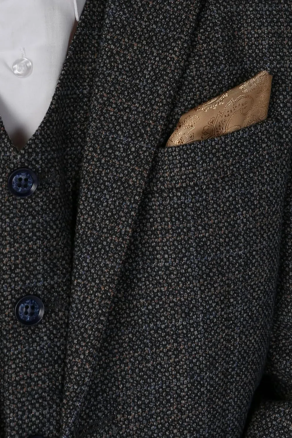 Mens Boys Tweed Textured Retro Suit Tailored Fit 3 Piece Wedding Outfit