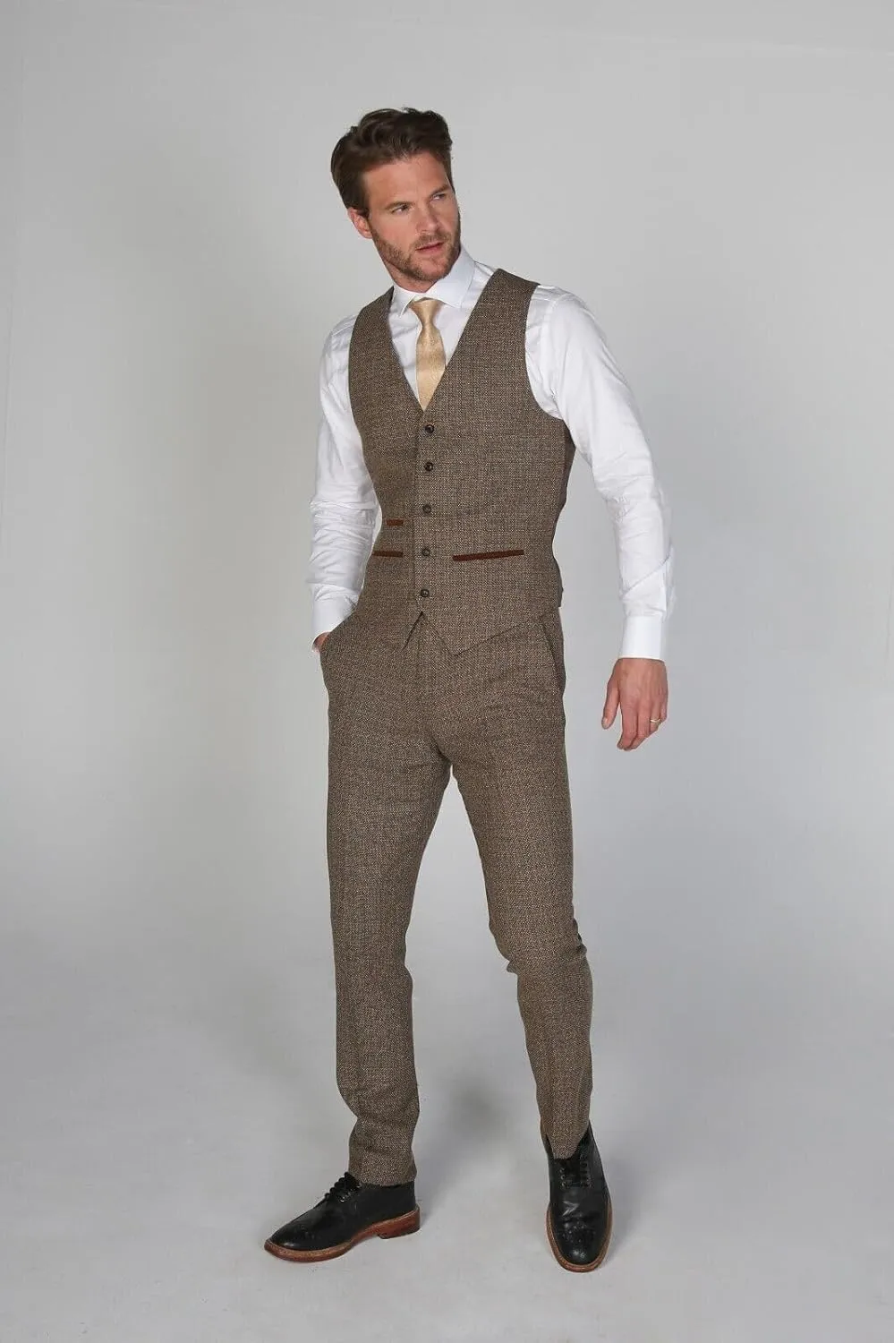 Mens Boys Tweed Textured Retro Suit Tailored Fit 3 Piece Wedding Outfit