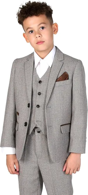 Mens Boys Tweed Textured Retro Suit Tailored Fit 3 Piece Wedding Outfit