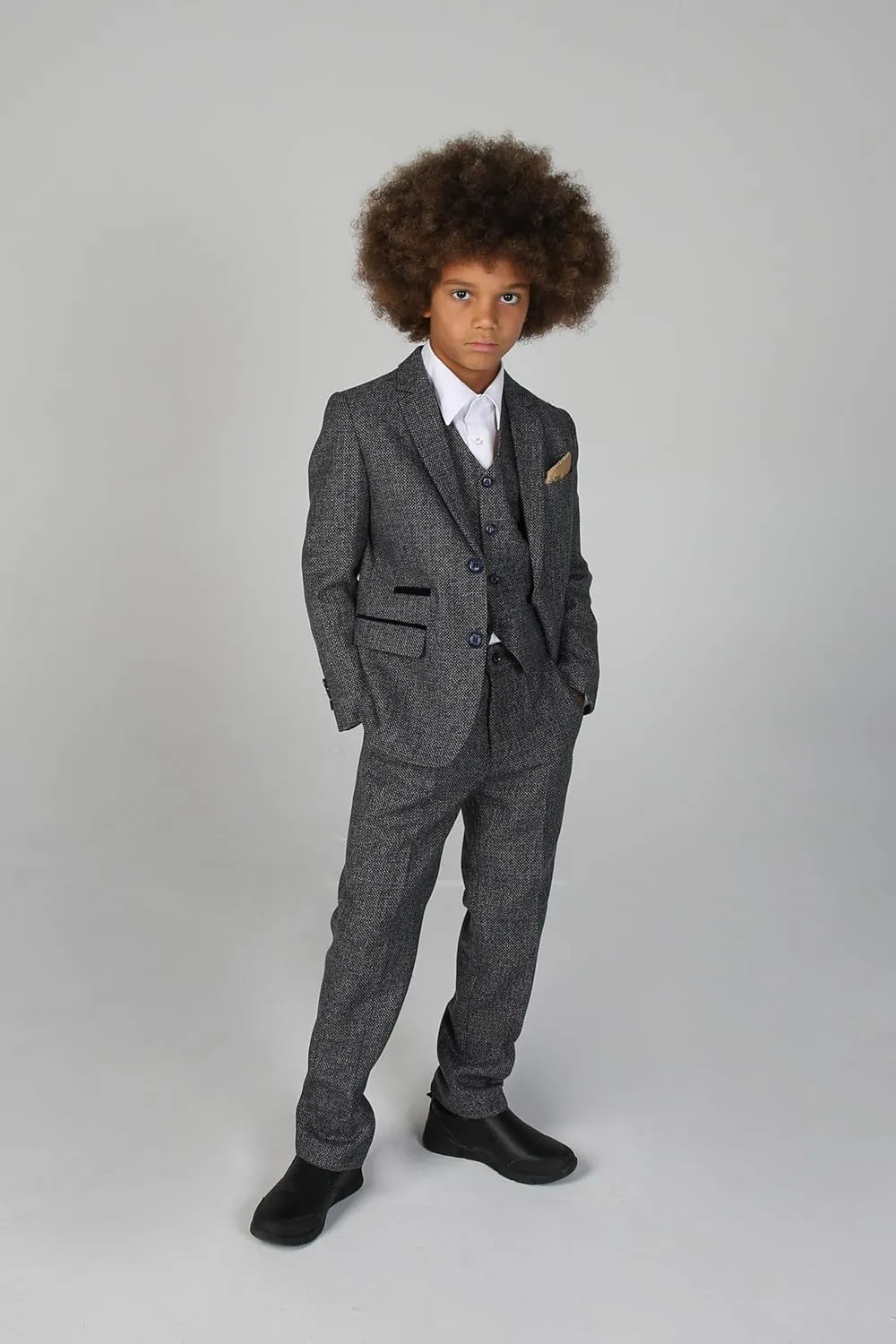 Mens Boys Tweed Textured Retro Suit Tailored Fit 3 Piece Wedding Outfit