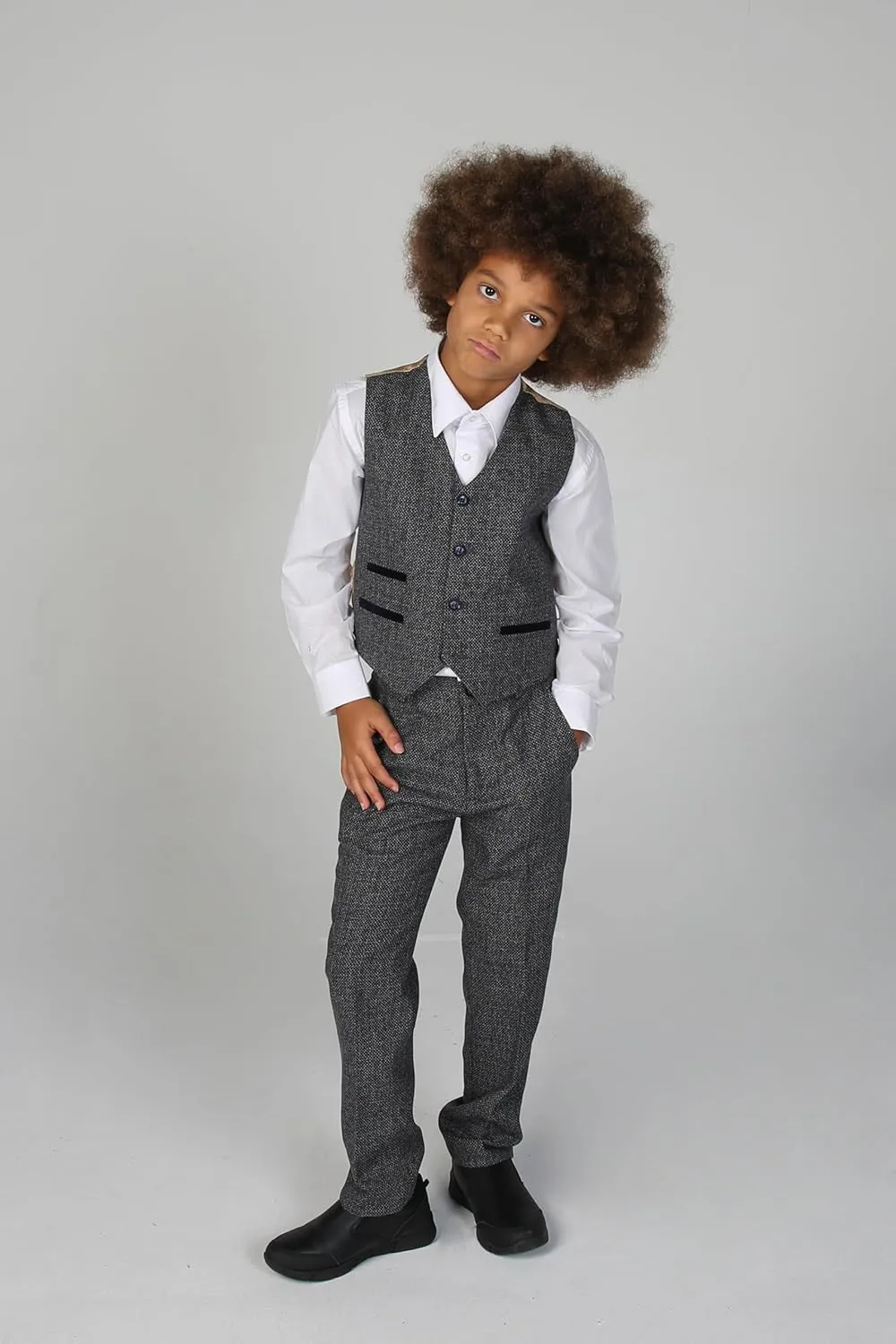 Mens Boys Tweed Textured Retro Suit Tailored Fit 3 Piece Wedding Outfit
