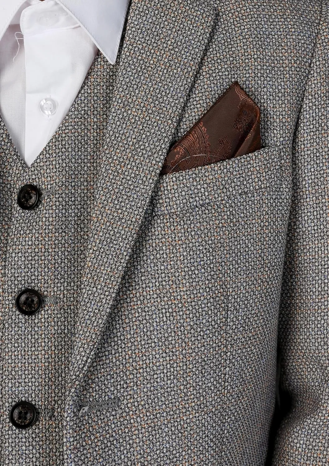 Mens Boys Tweed Textured Retro Suit Tailored Fit 3 Piece Wedding Outfit