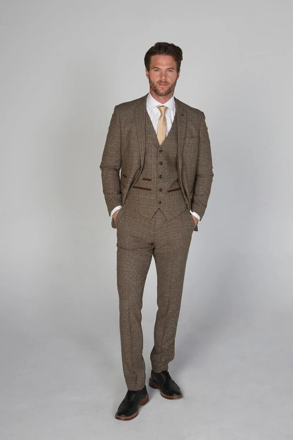 Mens Boys Tweed Textured Retro Suit Tailored Fit 3 Piece Wedding Outfit
