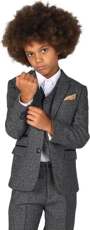 Mens Boys Tweed Textured Retro Suit Tailored Fit 3 Piece Wedding Outfit