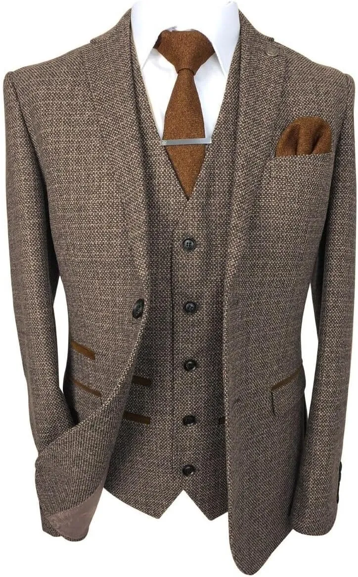 Mens Boys Tweed Textured Retro Suit Tailored Fit 3 Piece Wedding Outfit