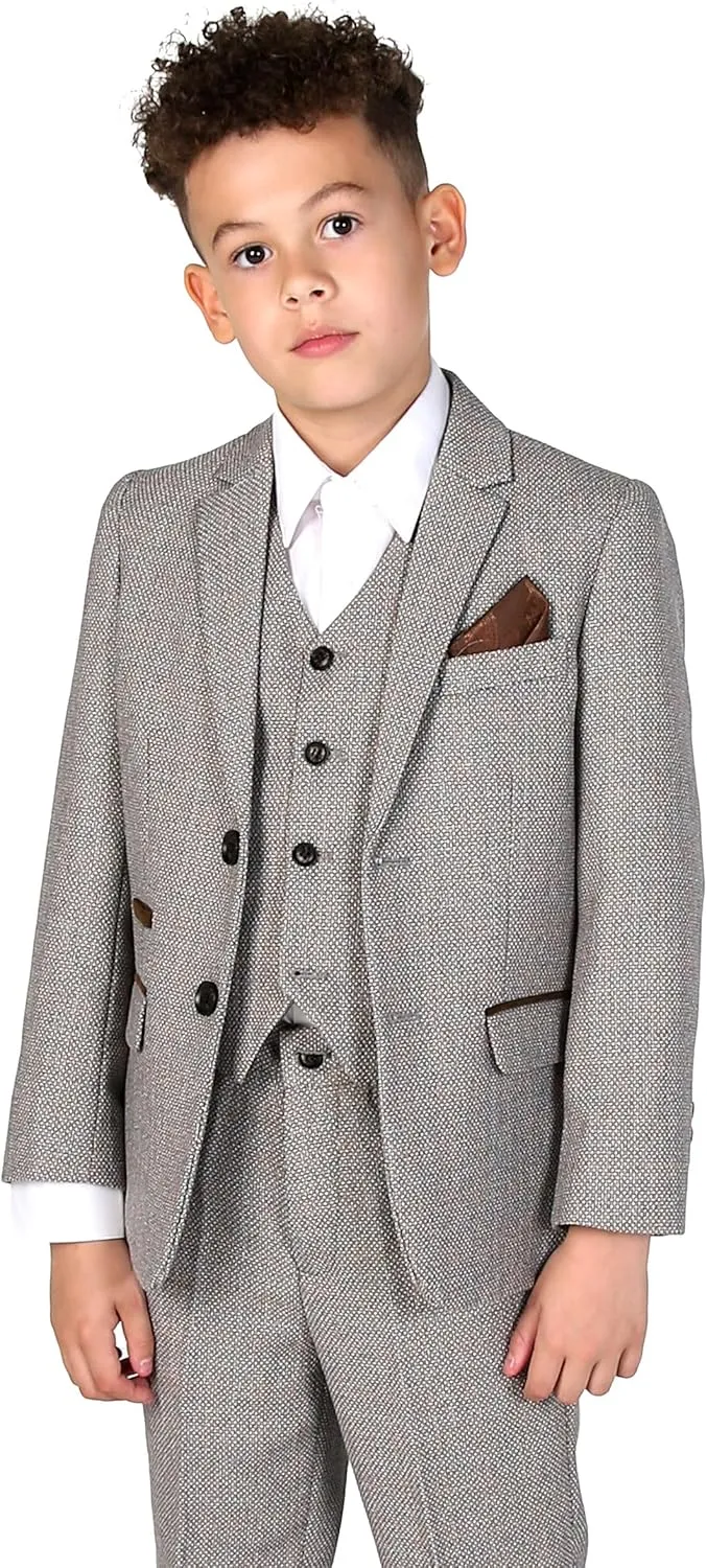 Mens Boys Tweed Textured Retro Suit Tailored Fit 3 Piece Wedding Outfit