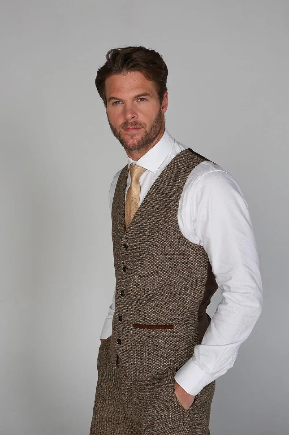 Mens Boys Tweed Textured Retro Suit Tailored Fit 3 Piece Wedding Outfit