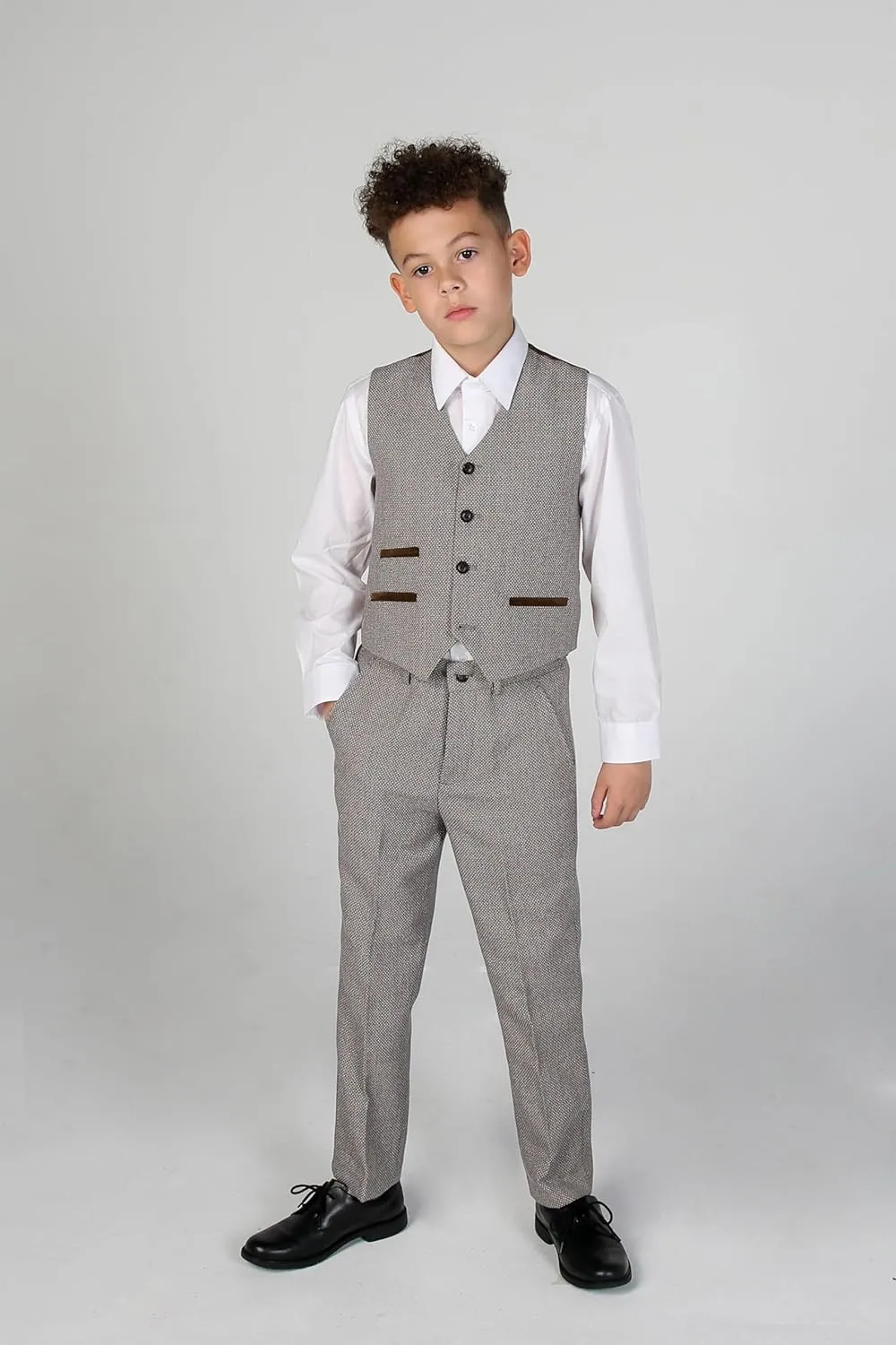 Mens Boys Tweed Textured Retro Suit Tailored Fit 3 Piece Wedding Outfit