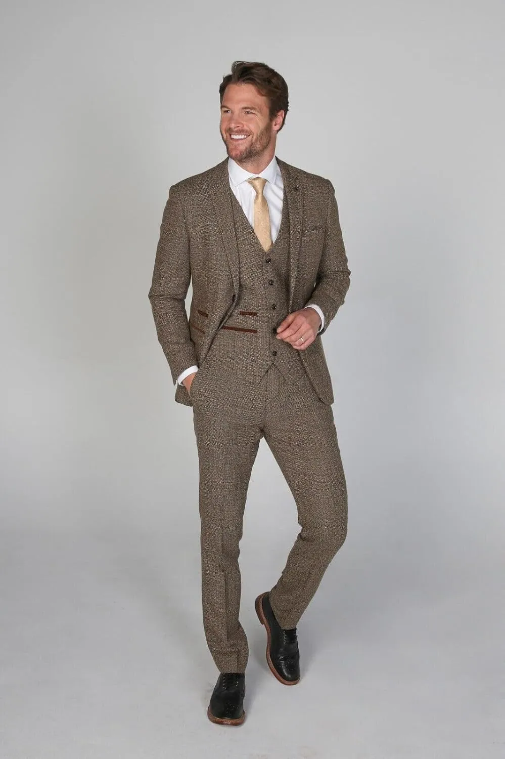 Mens Boys Tweed Textured Retro Suit Tailored Fit 3 Piece Wedding Outfit
