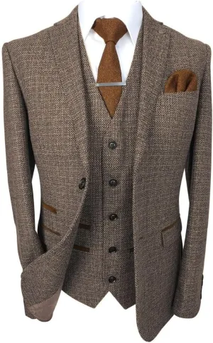 Mens Boys Tweed Textured Retro Suit Tailored Fit 3 Piece Wedding Outfit