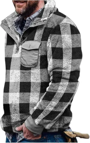 Mens Camo Tactical Sherpa Fleece Hooded Jackets Quarter Zip Long Sleeve Winter Warm Flannel Fleece Military Coats