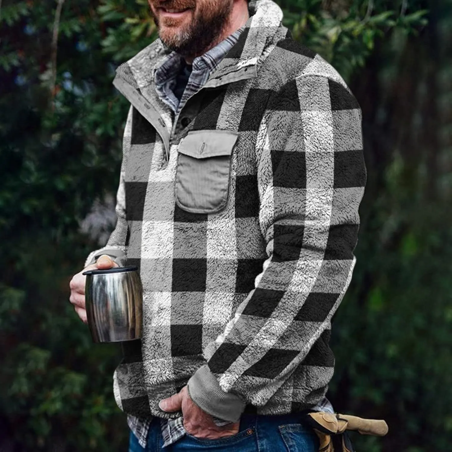 Mens Camo Tactical Sherpa Fleece Hooded Jackets Quarter Zip Long Sleeve Winter Warm Flannel Fleece Military Coats
