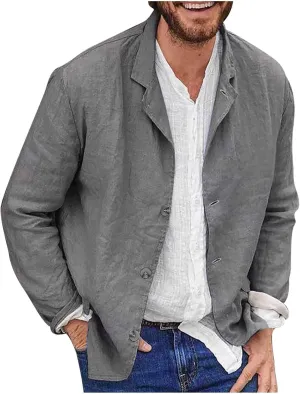 Men's Casual Blazer Jackets Lightweight Long Sleeve Cotton Linen Tailored Cardigan Coats Single-Breasted Suit Outwear