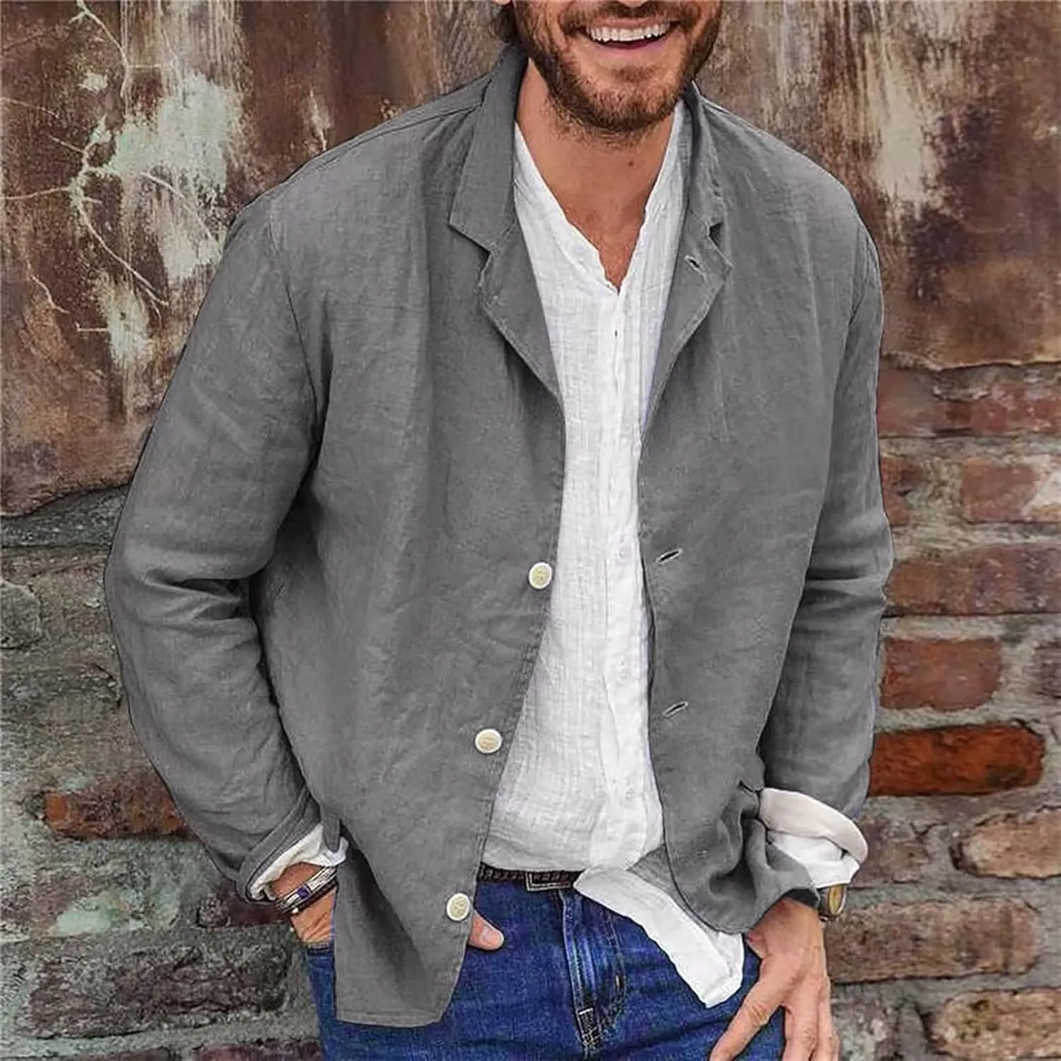 Men's Casual Blazer Jackets Lightweight Long Sleeve Cotton Linen Tailored Cardigan Coats Single-Breasted Suit Outwear