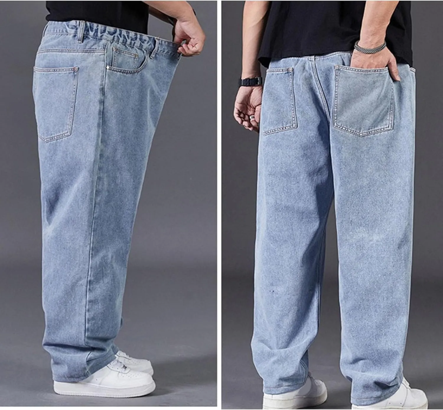Mens Casual Loose Jeans Pant Baggy Streetwear Relax Fit Denim Pants Straight-Fit Wide Leg Hip Hop Jean