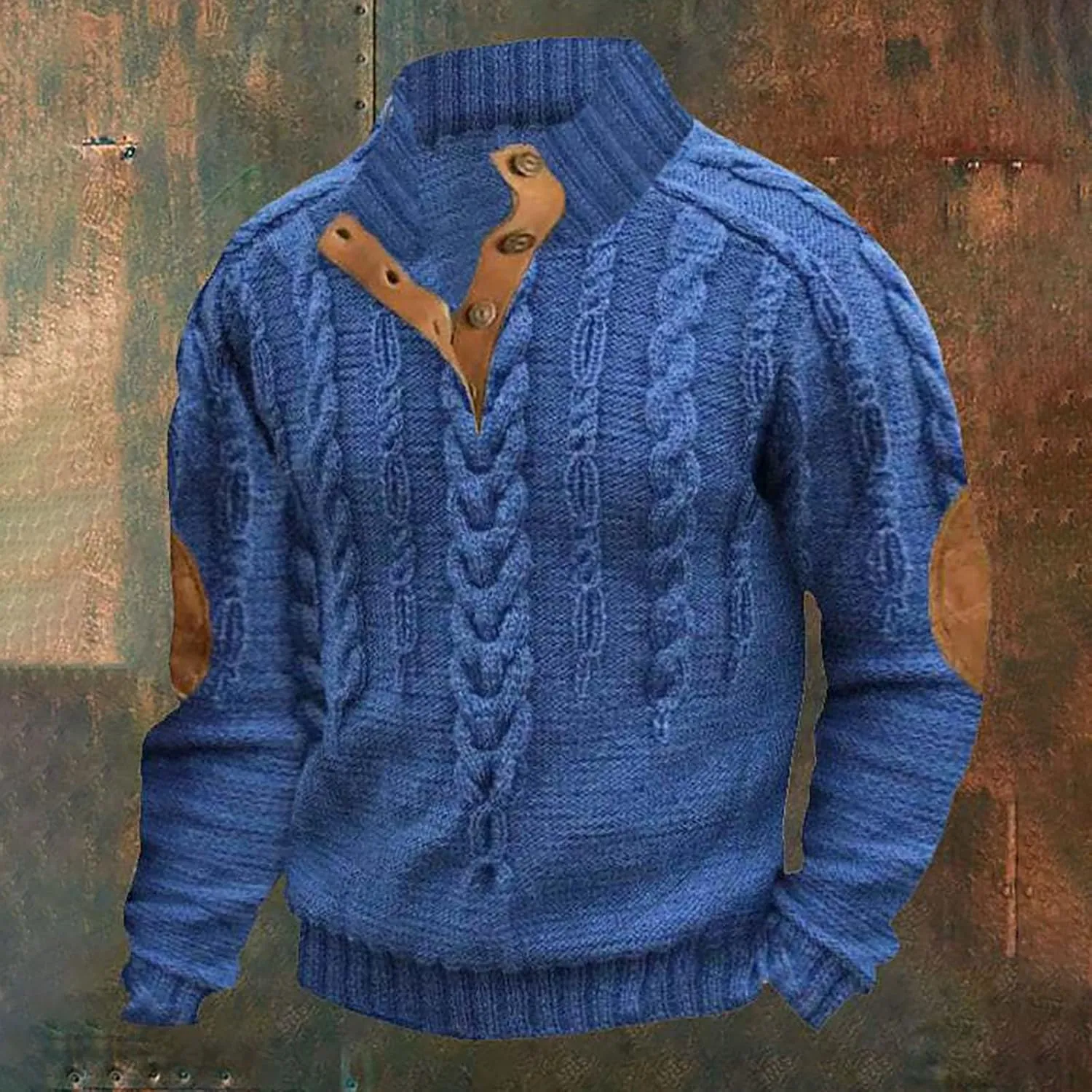 Mens Casual Twist Pattern Pullover Sweatshirts Long Sleeve Cable Knit Sweater Stand Collar Button Up Thermal Pullover
