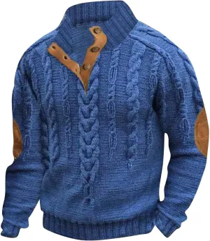 Mens Casual Twist Pattern Pullover Sweatshirts Long Sleeve Cable Knit Sweater Stand Collar Button Up Thermal Pullover