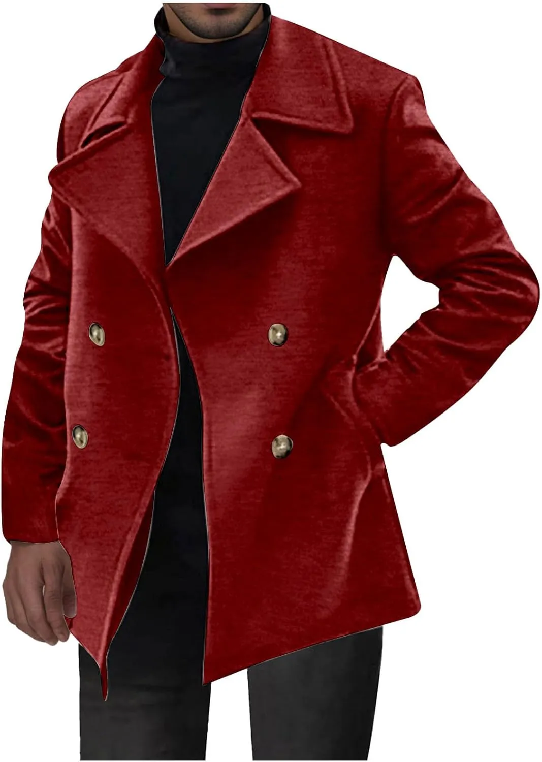 Men's Classic Notched Collar Double Breasted Wool Blend Pea Coat Winter Warm Trench Coats Business Windbreaker Jacket