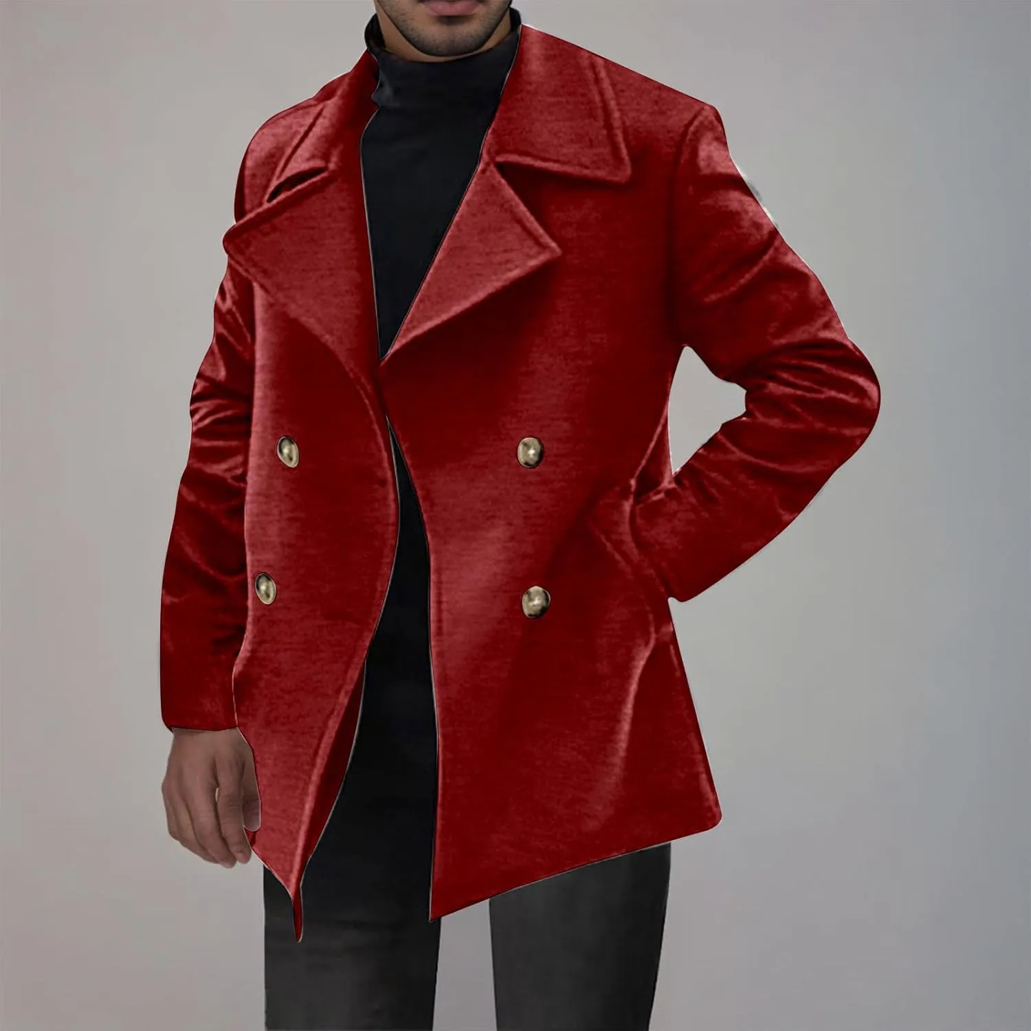 Men's Classic Notched Collar Double Breasted Wool Blend Pea Coat Winter Warm Trench Coats Business Windbreaker Jacket