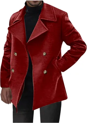 Men's Classic Notched Collar Double Breasted Wool Blend Pea Coat Winter Warm Trench Coats Business Windbreaker Jacket