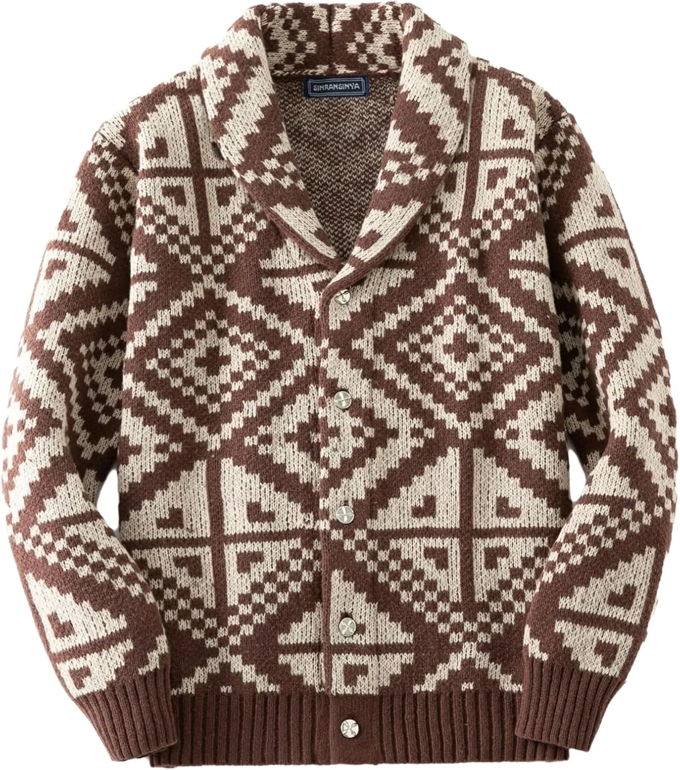 Men's Geometric Printed Chunky Knit Cardigan Sweater Long Sleeve Button Down Shawl Lapel Sweater Coats