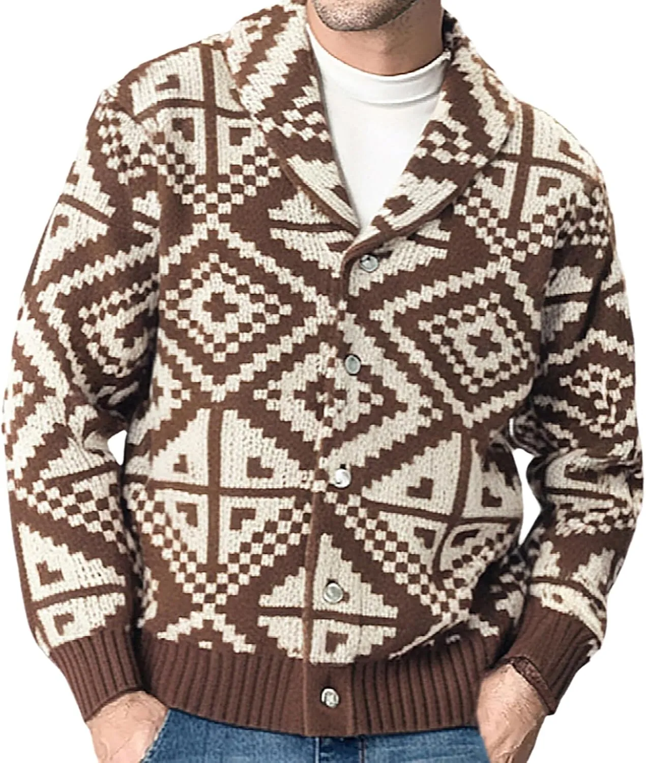 Men's Geometric Printed Chunky Knit Cardigan Sweater Long Sleeve Button Down Shawl Lapel Sweater Coats