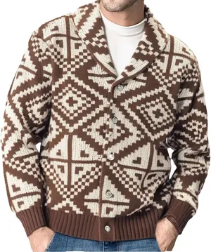 Men's Geometric Printed Chunky Knit Cardigan Sweater Long Sleeve Button Down Shawl Lapel Sweater Coats