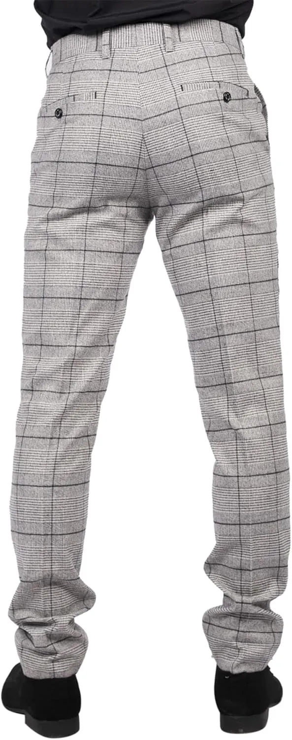 Mens Grey Check Black Tweed Trousers Vintage Classic 1920s Wedding Tailored Fit