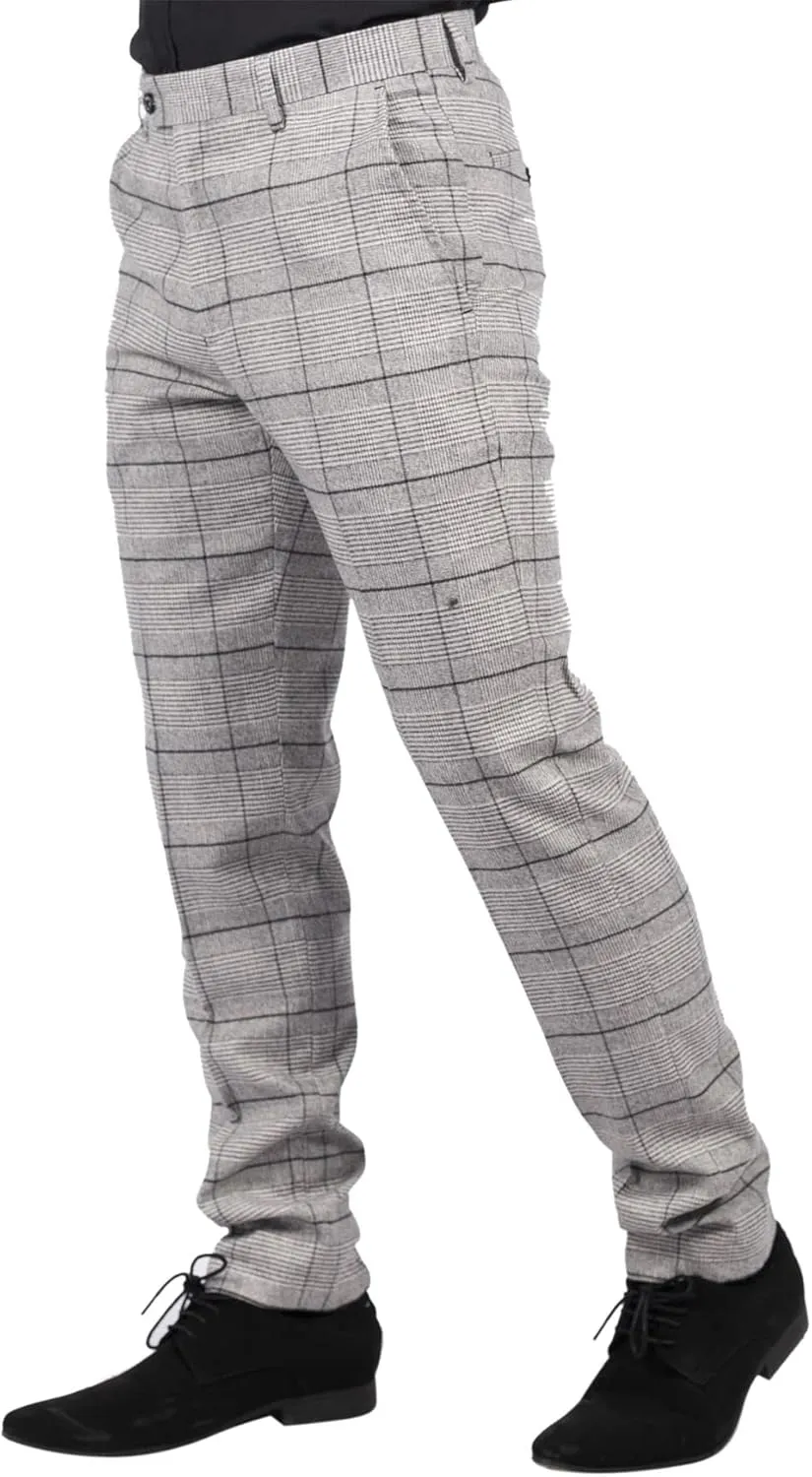 Mens Grey Check Black Tweed Trousers Vintage Classic 1920s Wedding Tailored Fit