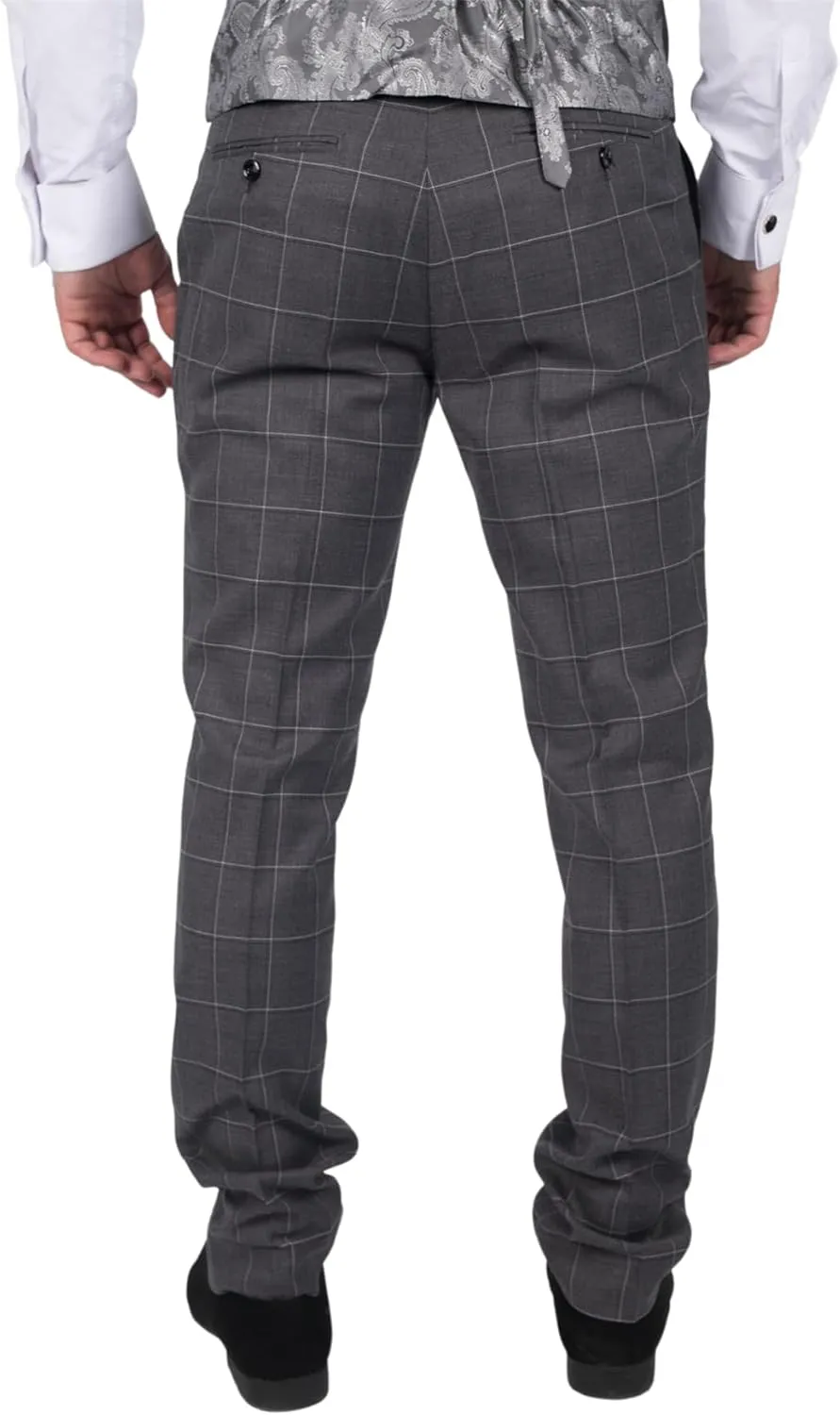 Mens Grey Check Trousers Vintage Retro Smart Wedding Classic Tailored Fit Light