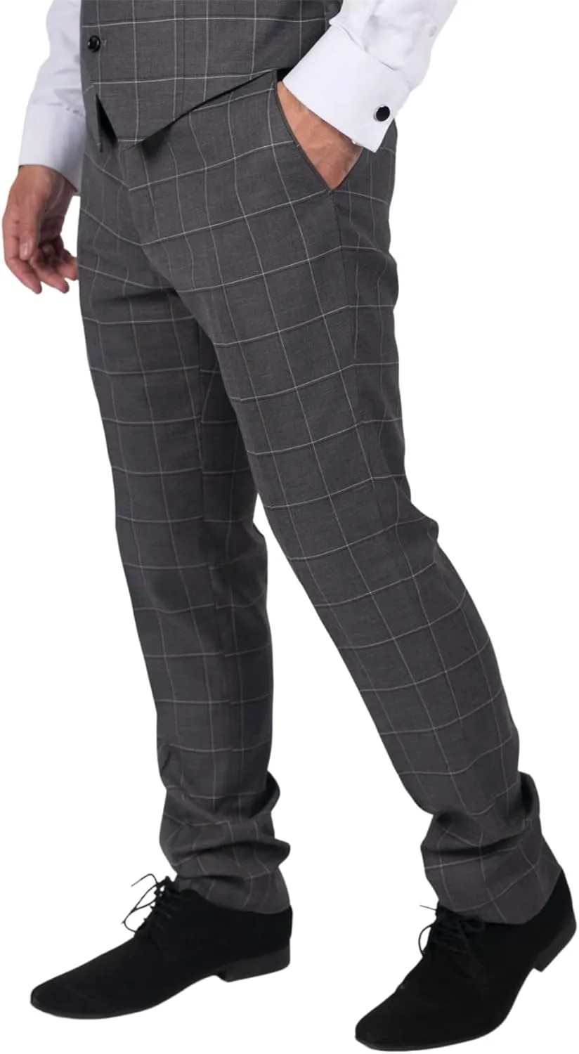 Mens Grey Check Trousers Vintage Retro Smart Wedding Classic Tailored Fit Light