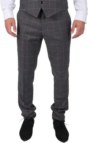Mens Grey Check Trousers Vintage Retro Smart Wedding Classic Tailored Fit Light