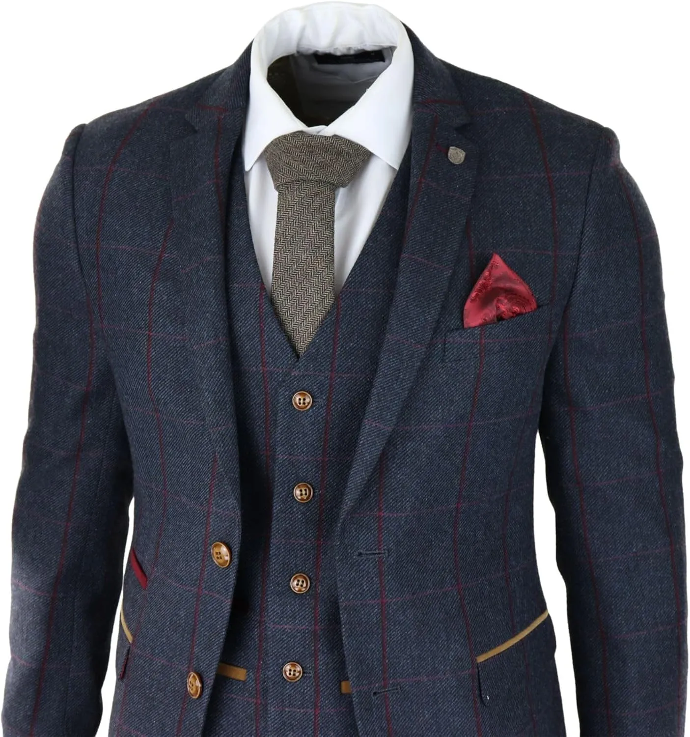Mens Herringbone Tweed 3 Piece Navy Red Check Suit Vintage 1920s Tailored Fit