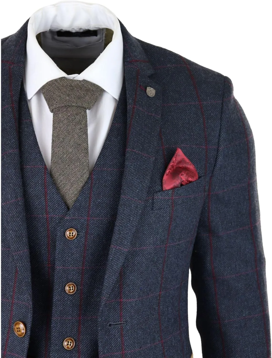 Mens Herringbone Tweed 3 Piece Navy Red Check Suit Vintage 1920s Tailored Fit