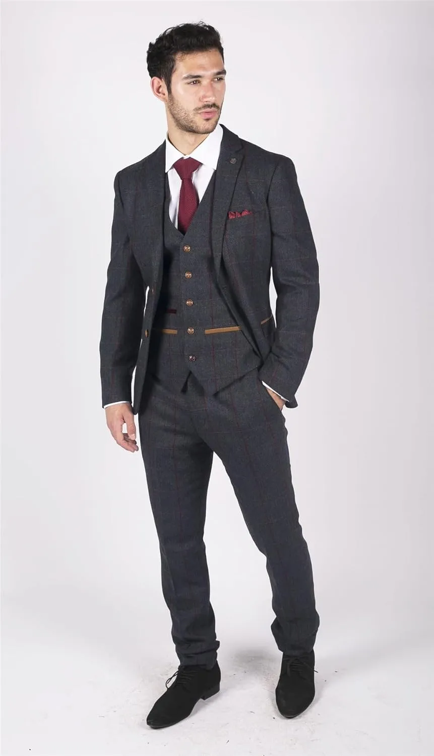 Mens Herringbone Tweed 3 Piece Navy Red Check Suit Vintage 1920s Tailored Fit