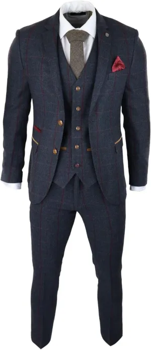 Mens Herringbone Tweed 3 Piece Navy Red Check Suit Vintage 1920s Tailored Fit