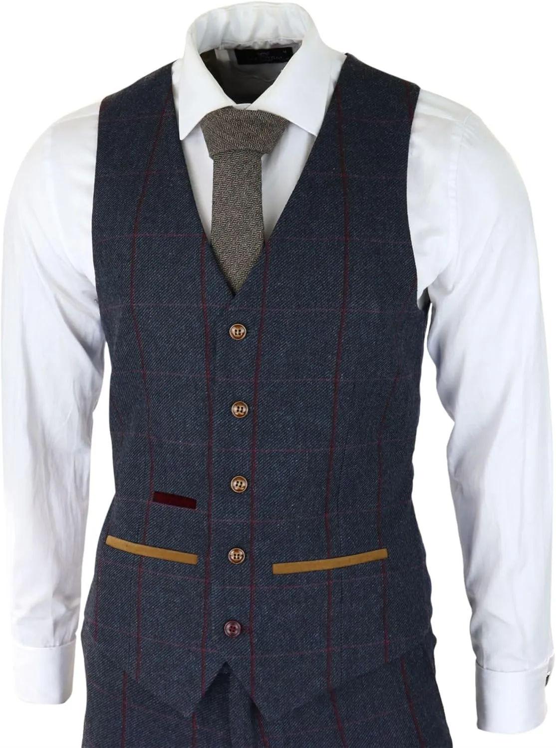 Mens Herringbone Tweed 3 Piece Navy Red Check Suit Vintage 1920s Tailored Fit