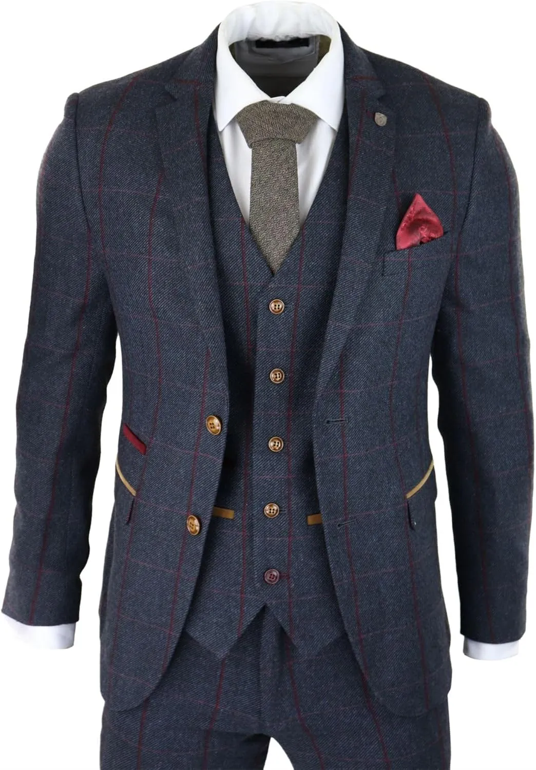 Mens Herringbone Tweed 3 Piece Navy Red Check Suit Vintage 1920s Tailored Fit