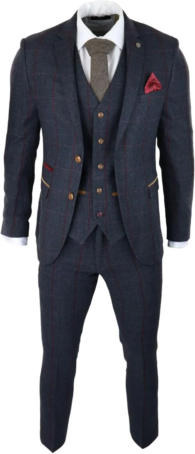 Mens Herringbone Tweed 3 Piece Navy Red Check Suit Vintage 1920s Tailored Fit
