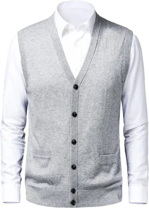 Mens Knitted Sweater Vest Full Front Button Closure Classic V-Neck Wool Sleeveless Cardigan Gentleman Knitwear Winter