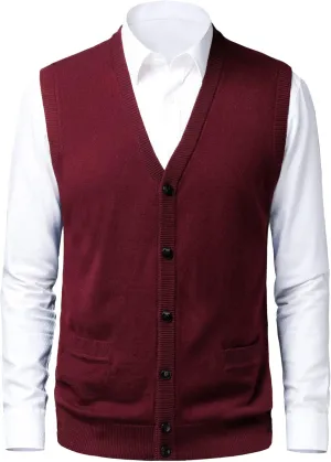 Mens Knitted Sweater Vest Full Front Button Closure Classic V-Neck Wool Sleeveless Cardigan Gentleman Knitwear Winter