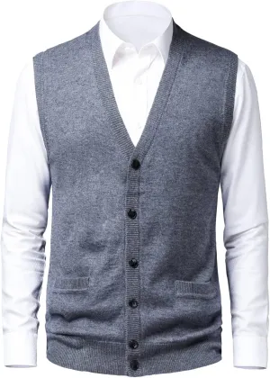 Mens Knitted Sweater Vest Full Front Button Closure Classic V-Neck Wool Sleeveless Cardigan Gentleman Knitwear Winter
